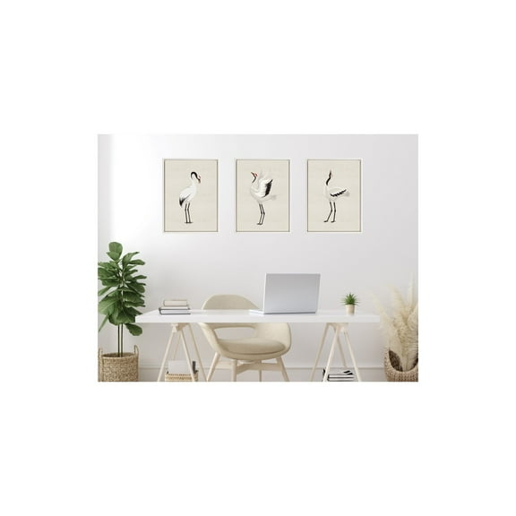 Kate and Laurel Sylvie Japanese Crane Bird with Red Crown 1, 2 and 3 Framed Canvas Wall Art Set by The Creative Bunch Studio, 3 Piece Set Beaded White, Colorful Cute Bird Art for Wall