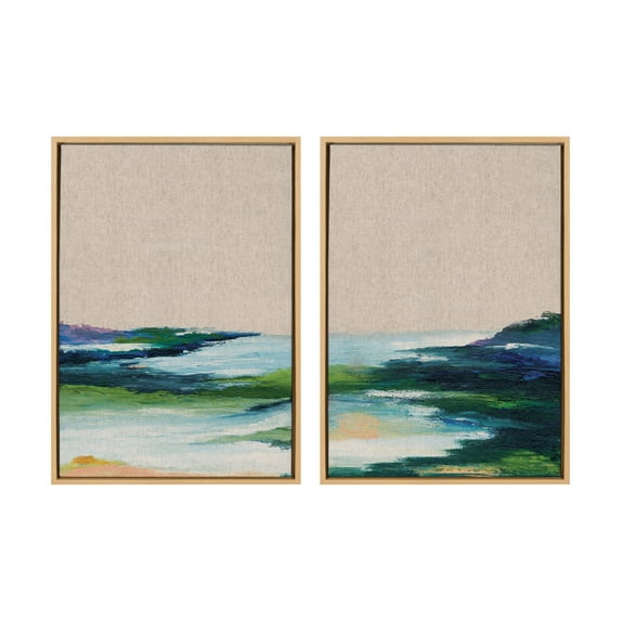 Kate and Laurel Sylvie Lake Huron I and II Neutral Linen Framed Canvas Wall Art Set by Nikita Jariwala, 2 Piece 23x33 Natural, Abstract Nature Landscape Art Set for Wall