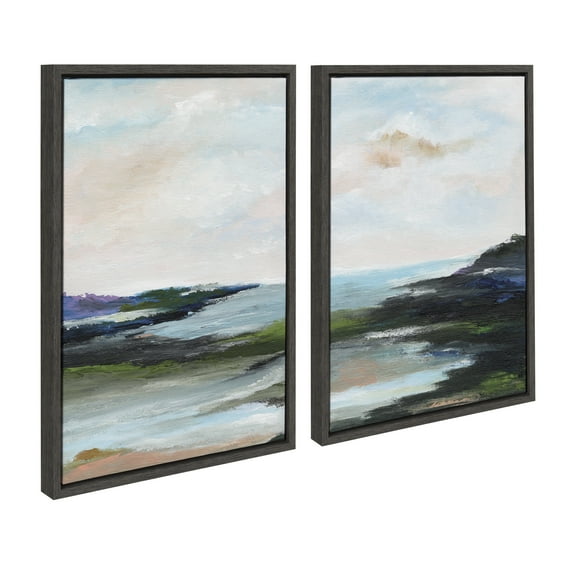 Kate and Laurel Sylvie Lake Huron l and II Framed Canvas Wall Art Set by Nikita Jariwala, 2 Piece Set 18x24 Gray, Colorful Ocean Beach Landscape Art Set for Wall