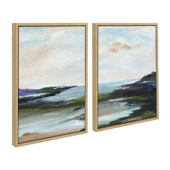 Kate and Laurel Sylvie Lake Huron l and II Framed Canvas Wall Art Set by Nikita Jariwala, 2 Piece Set 18x24 Natural, Colorful Ocean Beach Landscape Art Set for Wall