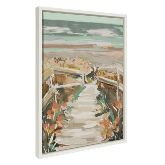 Kate and Laurel Sylvie Landscape 08 Beach Framed Canvas Wall Art by Annie Quigley, 18x24 White, Soft Watercolor Beachy Landscape with Ocean Sands Art for Wall Decor
