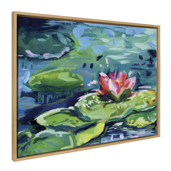 Kate and Laurel Sylvie Lily Pad By The Shore Framed Canvas Wall Art by Rachel Christopoulos, 28x38 Natural, Gorgeous Vibrant Painterly Floral Art Wal Décor