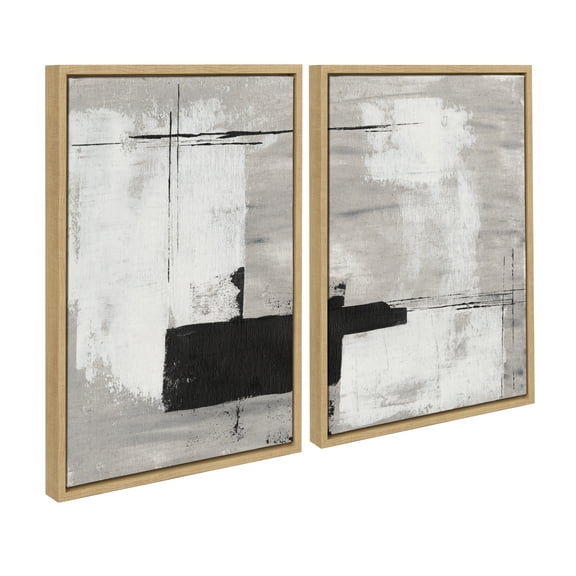 Kate and Laurel Sylvie Line 1 Left and Right Neutral Linen Framed Canvas Wall Art Set by Nikita Jariwala, 2 Piece Set 18x24 Natural, Modern Abstract Monochromatic Geometric Art for Wall