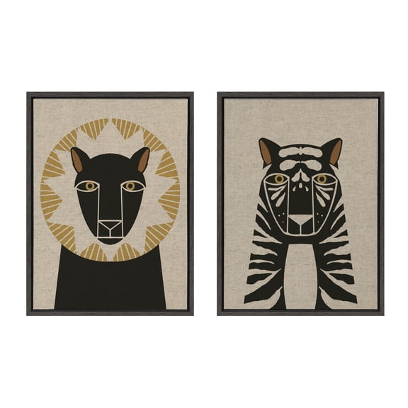 Kate and Laurel Sylvie Lion Profile Neutral Linen and Tiger Profile Neutral Linen Framed Canvas Wall Art Set by Hannah Beisang, 2 Piece 18x24 Dark Gray, Modern Jungle Animal Portrait Art