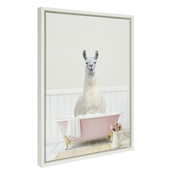 Kate and Laurel Sylvie Llama in Cottage Rose Bath Framed Canvas Wall Art by Amy Peterson Art Studio, 18x24 White, Modern Fun Decorative Bathtub Wall Art for Home Décor