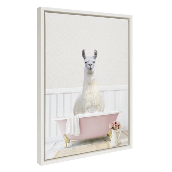 Kate and Laurel Sylvie Llama in Cottage Rose Bath Framed Canvas Wall Art by Amy Peterson Art Studio, 18x24 White, Modern Fun Decorative Bathtub Wall Art for Home Décor
