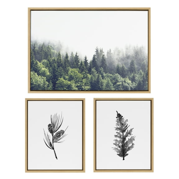 Kate and Laurel Sylvie Lush Green Forest on a Foggy Day and Vintage Botanical 3 and 4 Black and White Framed Canvas Wall Art Set by Various Artists, 3 Piece Set Natural, Forest Plant Art for Wall