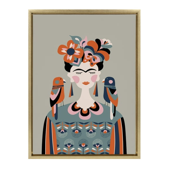 Kate and Laurel Sylvie MCM Frida Kahlo Framed Canvas Wall Art by Rachel Lee of My Dream Wall, 18x24 Gold, Decorative Frida Kahlo Tribute Art Print on Canvas for Wall Decor