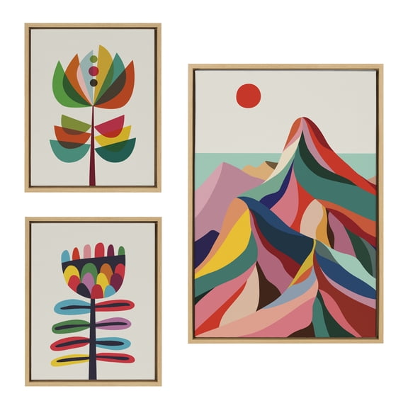 Kate and Laurel Sylvie MCM Mountains, Great Love Botanical and MCM Modern Wildflower Framed Canvas Wall Art Set by Rachel Lee of My Dream Wall, 3 Piece Set Natural, Colorful Nature Art for Wall