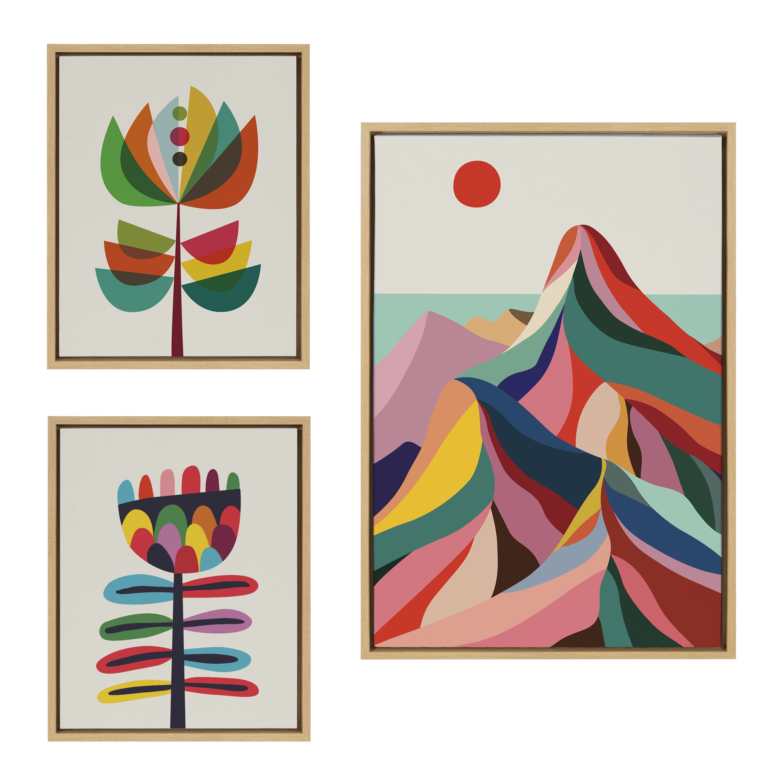 Colorful Modern Mountain and Botanical Canvas Art Set