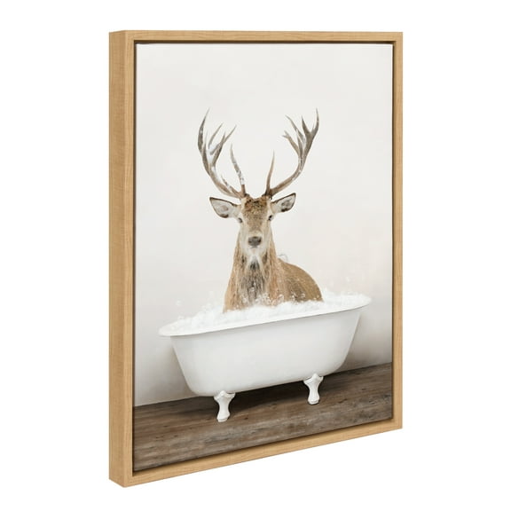 Kate and Laurel Sylvie Male Deer in Rustic Bath Framed Canvas Wall Art by Amy Peterson Art Studio, 18x24 Natural, Modern Fun Decorative Bathtub Wall Art for Home Décor
