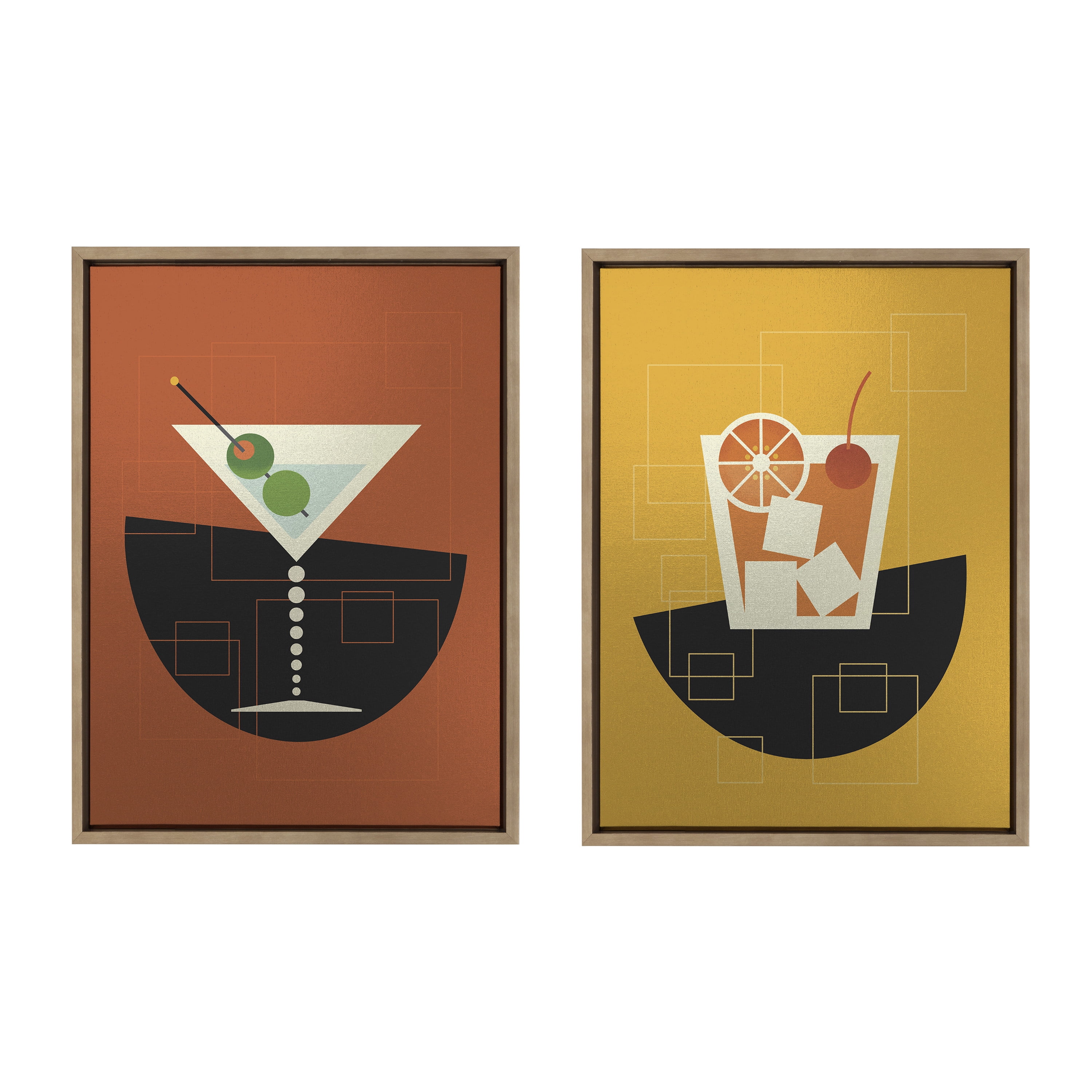 Gold and Orange Martini and Old Fashioned Canvas Wall Art Set