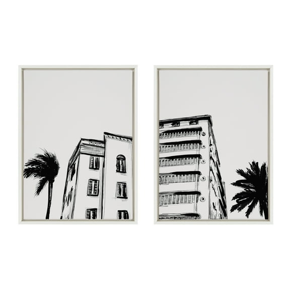 Kate and Laurel Sylvie Miami Beach Architecture Retro Art Deco Framed Canvas Wall Art Set by The Creative Bunch Studio, 2 Piece 18x24 White, Minimalist Miami Building Art for Wall