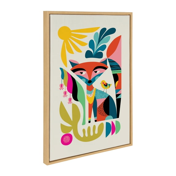 Kate and Laurel Sylvie Mid Century Modern Fox Framed Canvas Wall Art by Rachel Lee of My Dream Wall, 23x33 Natural. Colorful Abstract Animal Nursery Art for Wall