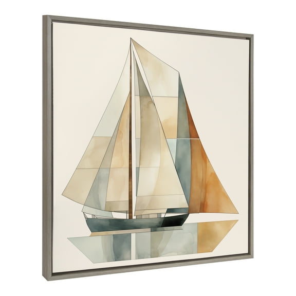 Kate and Laurel Sylvie Mid Century Modern Geometric Sailboat Framed Canvas Wall Art by The Creative Bunch Studio, 30x30 Gray, Modern Colorful Sailing Art for Wall