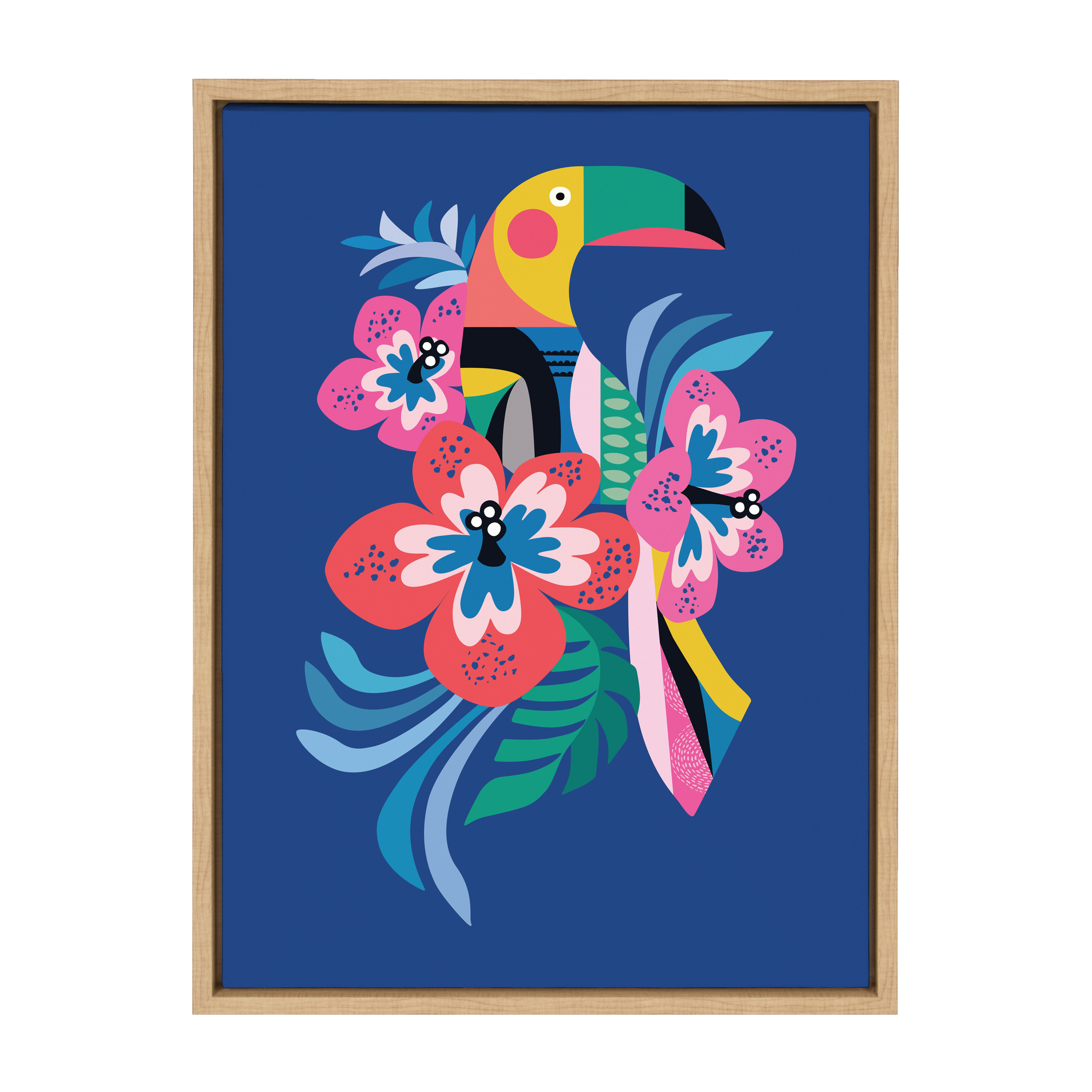 Kate and Laurel Sylvie Mid Century Modern Hibiscus Framed Canvas Wall Art by Rachel Lee of My Dream Wall, 18x24 Natural, Colorful Tropical Art for Wall