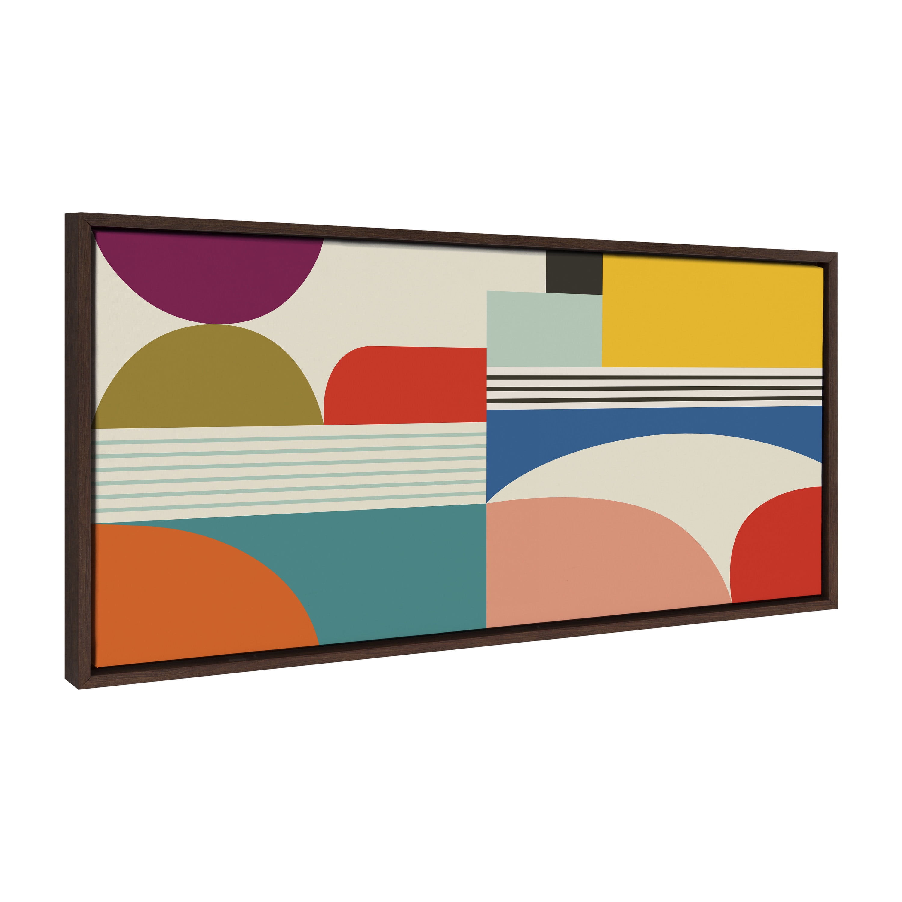 Colorful Abstract Mid-Century Modern Canvas Wall Art, 18x40 Brown Frame
