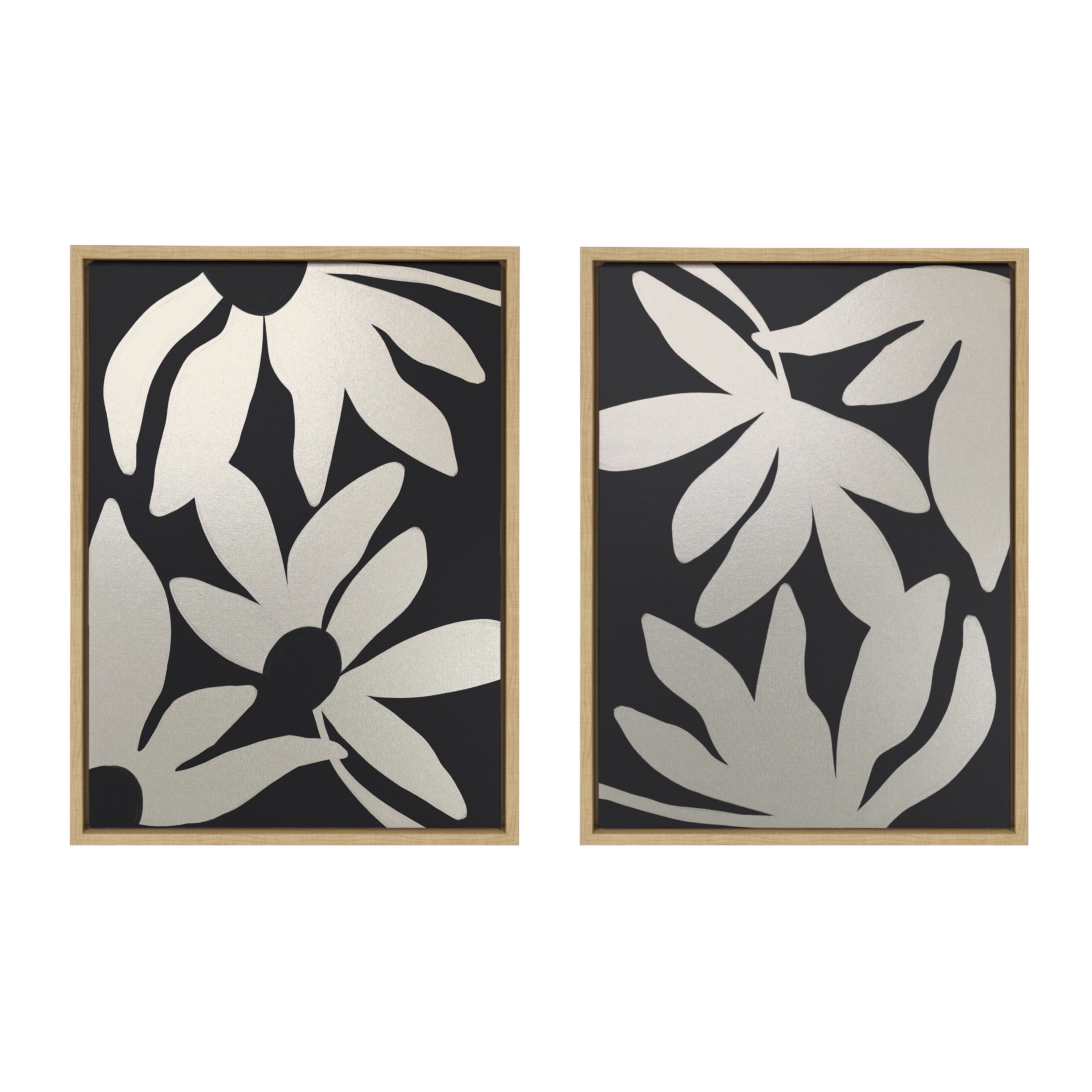 Minimalist Black and White Floral Metallic Canvas Wall Art, 18x24