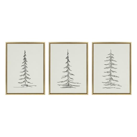 Kate and Laurel Sylvie Minimalist Evergreen Trees Framed Canvas Wall Art Set by The Creative Bunch Studio, 3 Piece 18x24 Gold, Modern Minimal Tree Line Wall Art Set