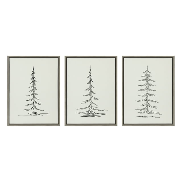 Kate and Laurel Sylvie Minimalist Evergreen Trees Framed Canvas Wall Art Set by The Creative Bunch Studio, 3 Piece 18x24 Gray, Modern Minimal Tree Line Wall Art Set