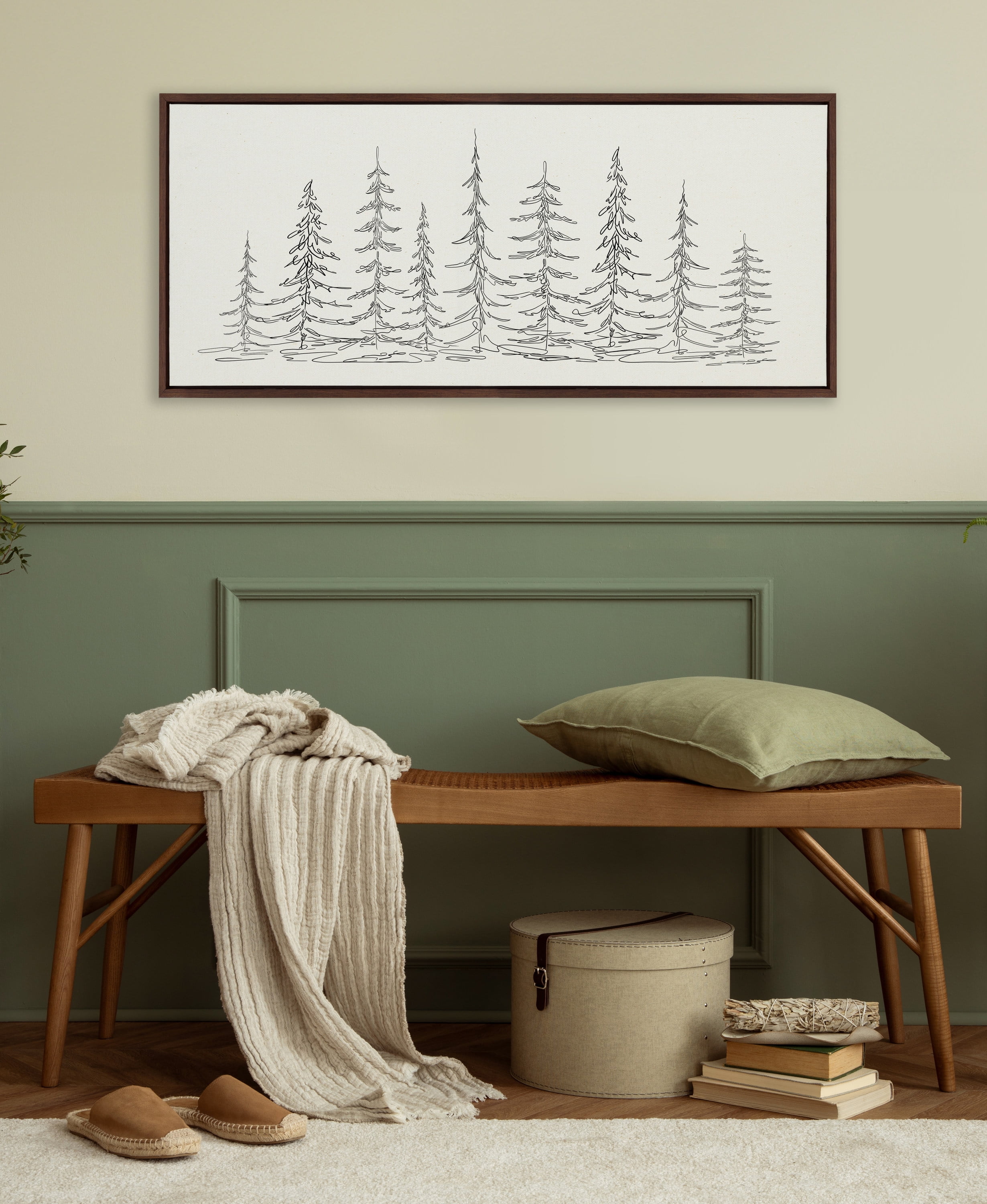Minimalist Black and White Evergreen Trees Sketch Framed Canvas Art