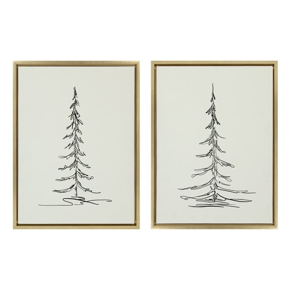 Kate and Laurel Sylvie Minimalist Evergreen Trees Sketch Framed Canvas Wall Art Set by The Creative Bunch Studio, 2 Piece 18x24 Bright Gold, Minimal Christmas Tree Sketch Art