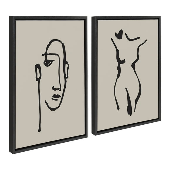 Kate and Laurel Sylvie Minimalist Neutral Line Art Drawing Face and Body Framed Canvas Wall Art Set by The Creative Bunch Studio, 2 piece 18x24 Black, Modern Minimal Brushstrokes Art for Wall