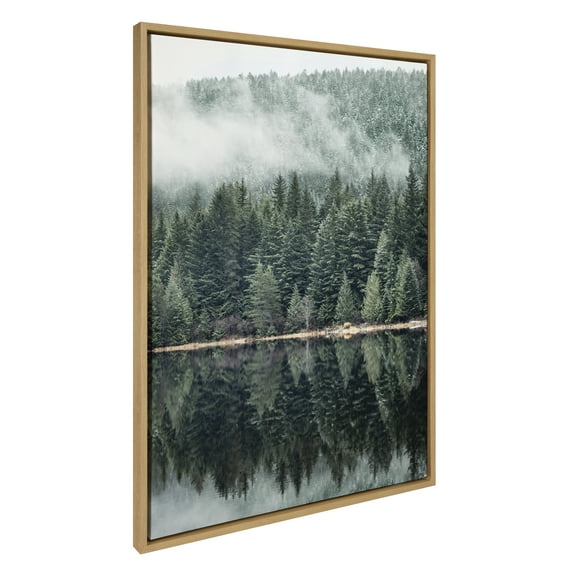 Kate and Laurel Sylvie Misty Forest Framed Canvas Wall Art by Emiko and Mark Franzen of F2Images, 28x38 Natural, Smoky Forest Mountain Photograph Art for Wall