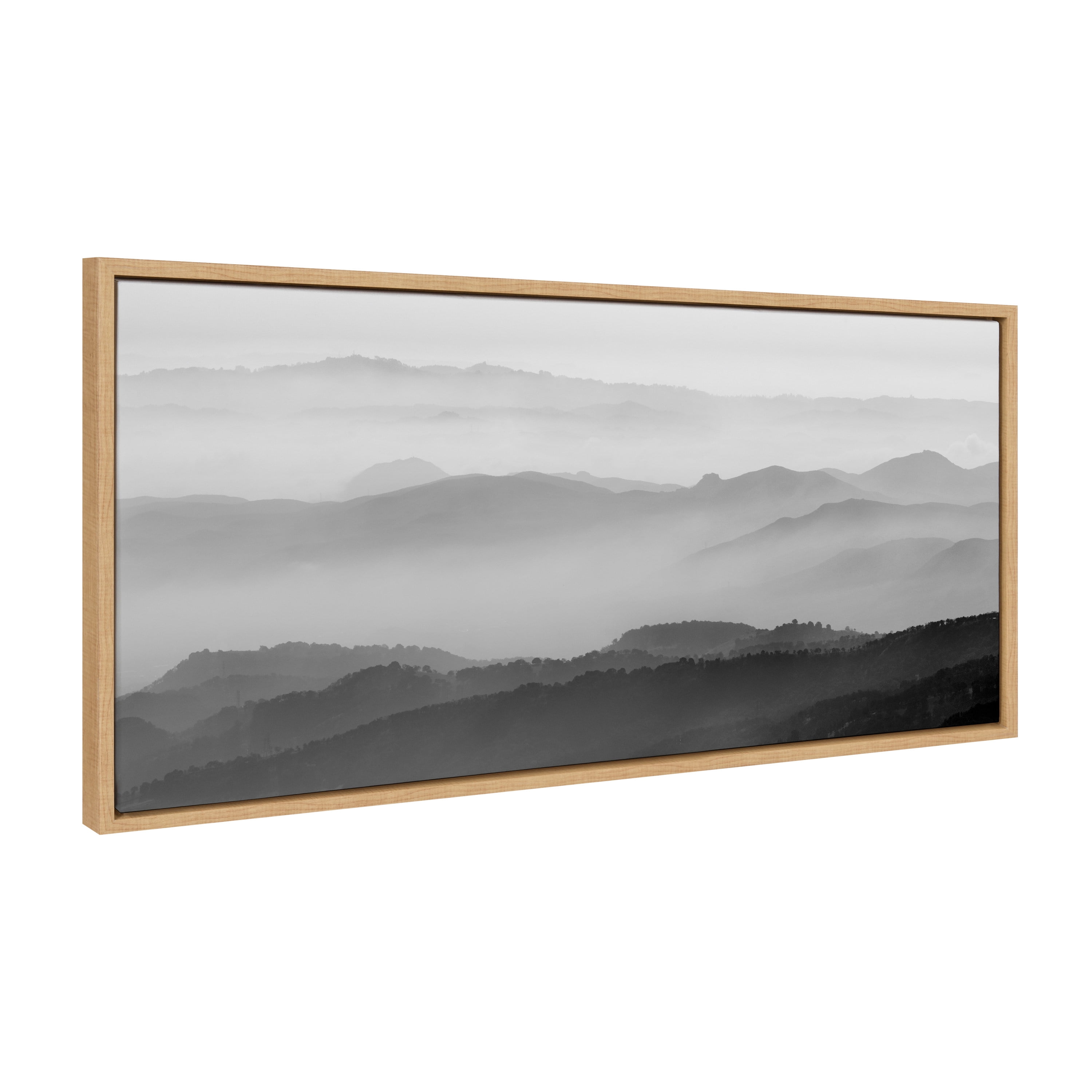 Misty Mountains Black and White Canvas Landscape Print with Natural Frame