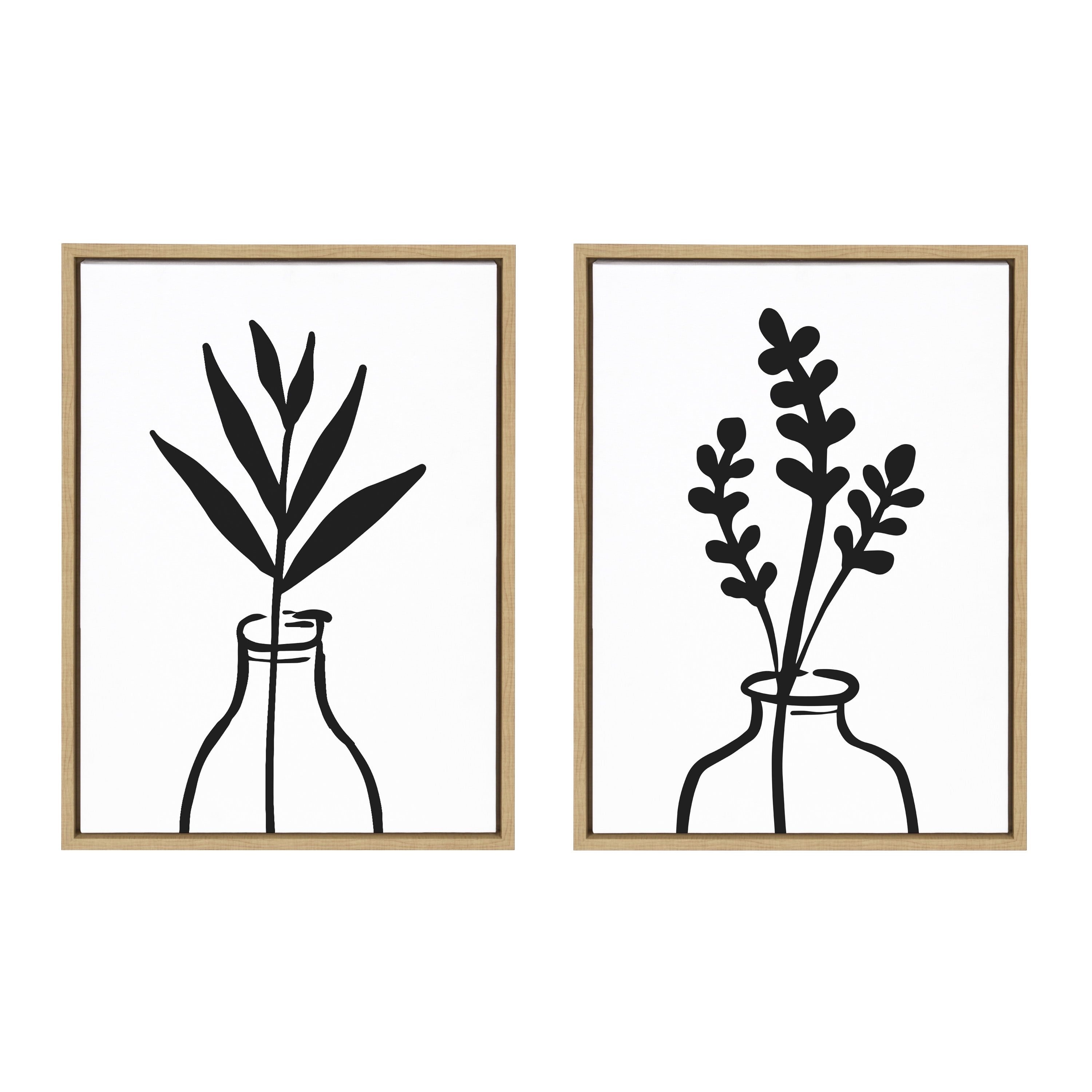 Modern Botanical Black and White Canvas Print Set with Natural Frames