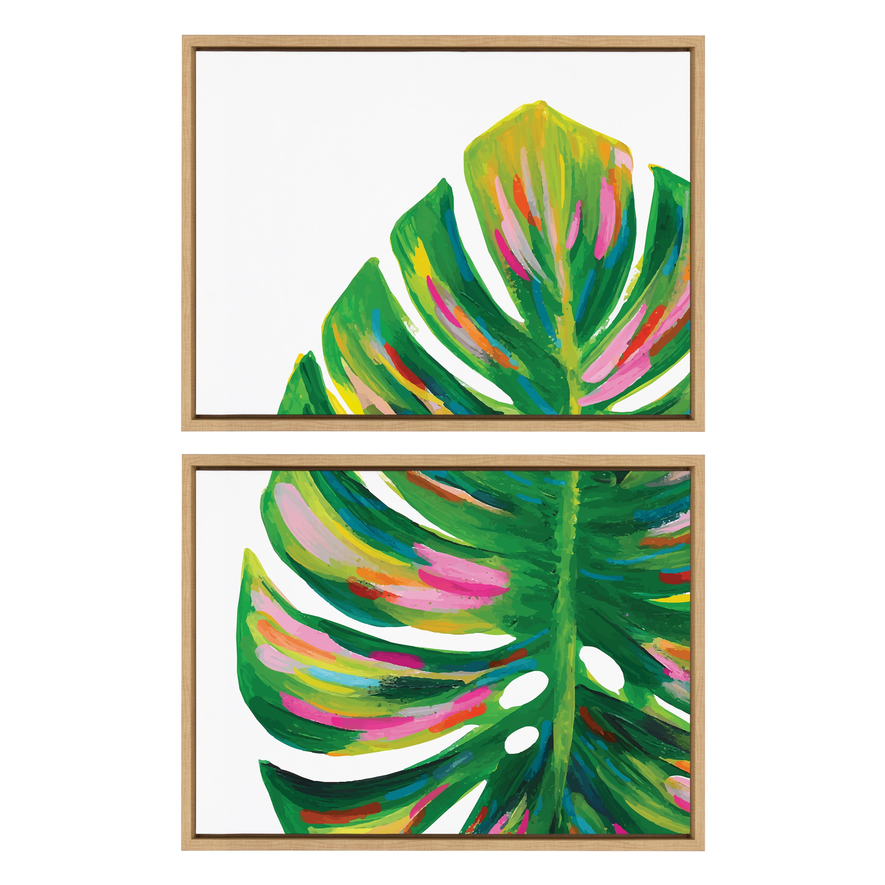 Colorful Monstera Leaf Print on Canvas, Natural Frame, 18x24