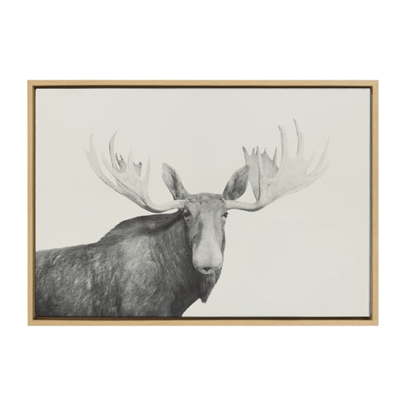 Kate and Laurel Sylvie Moose 2 crop BW Framed Linen Textured Canvas Wall Art by Emiko and Mark Franzen of F2Images, 23x33 Natural, Decorative Forest Animal Art for Wall