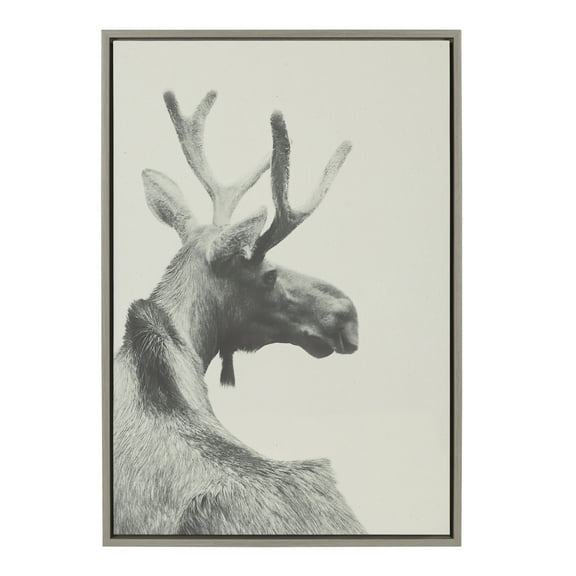 Kate and Laurel Sylvie Moose BW Framed Linen Textured Canvas Wall Art by Emiko and Mark Franzen of F2Images, 23x33 Gray, Decorative Forest Animal Art for Wall