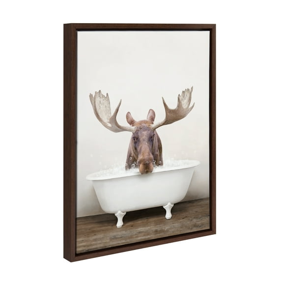 Kate and Laurel Sylvie Moose Rustic Bubble Bath Framed Canvas Wall Art by Amy Peterson Art Studio, 18x24 Brown, Modern Fun Decorative Bathtub Wall Art for Home Décor