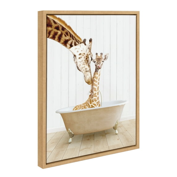 Kate and Laurel Sylvie Mother and Baby Giraffe Farmhouse Bath Framed Canvas Wall Art by Amy Peterson Art Studio, 18x24 Natural, Adorable Animal Art, Wall Décor