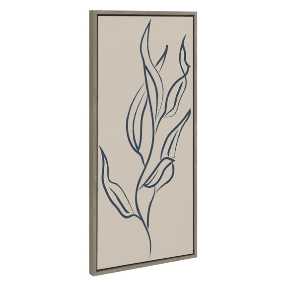 Kate and Laurel Sylvie Muted Illustrated Botanical Dark Blue and Tan Framed Canvas Wall Art by The Creative Bunch Studio, 18x40 Gray, Leaf Plant Art for Wall