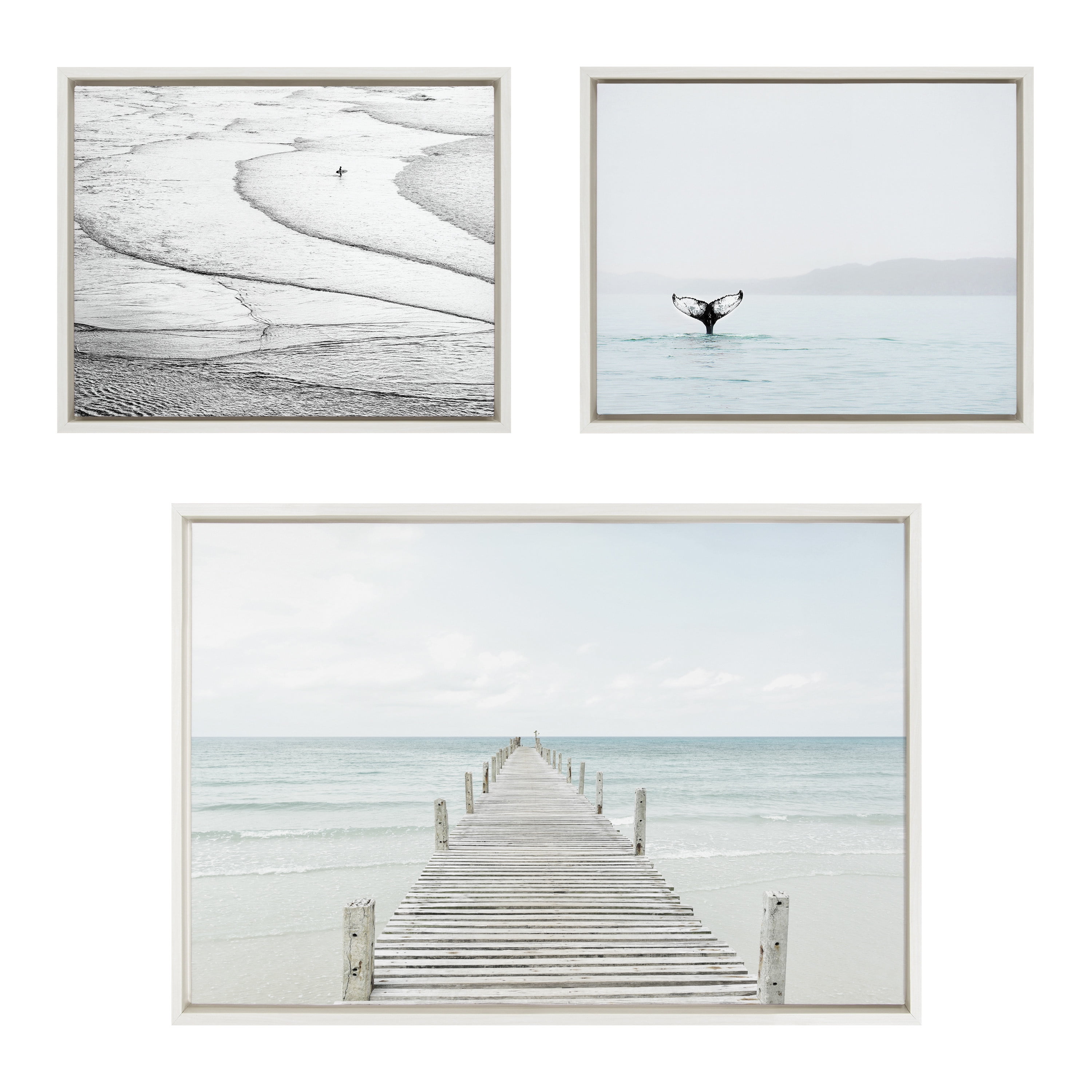 Kate and Laurel Sylvie Ocean Beach San Francisco, Whale Tail in the Mist and Wooden Pier on The Beach Framed Canvas Wall Art Set by Various Artists, Set of 3, 16x20 and 23x33 White, Coastal Art Set