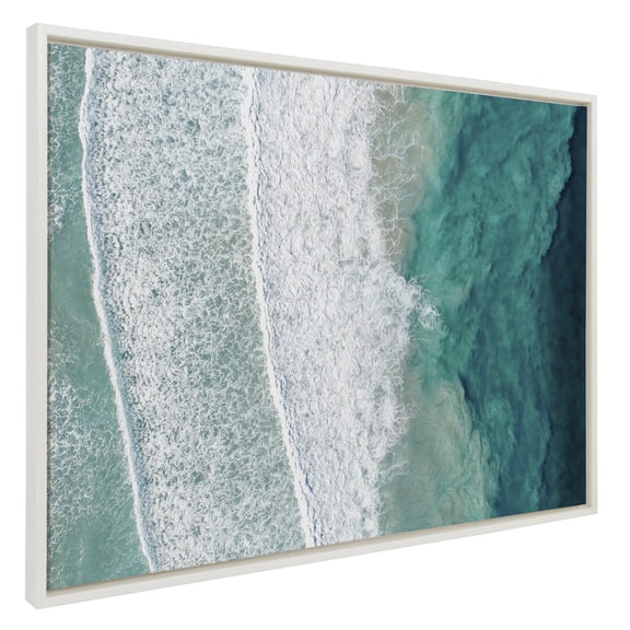 Kate and Laurel Sylvie Ocean Waves by the Bay Framed Canvas Wall Art by The Creative Bunch Studio, 28x38 White, Oversized Landscape Photograph Wall Décor