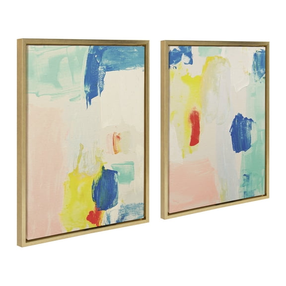 Kate and Laurel Sylvie Pop of Color I and II Framed Canvas Wall Art Set by Amy Lighthall, 2 Piece Set 18x24 Gold, Modern Abstract Painted Brushstrokes Art for Wall