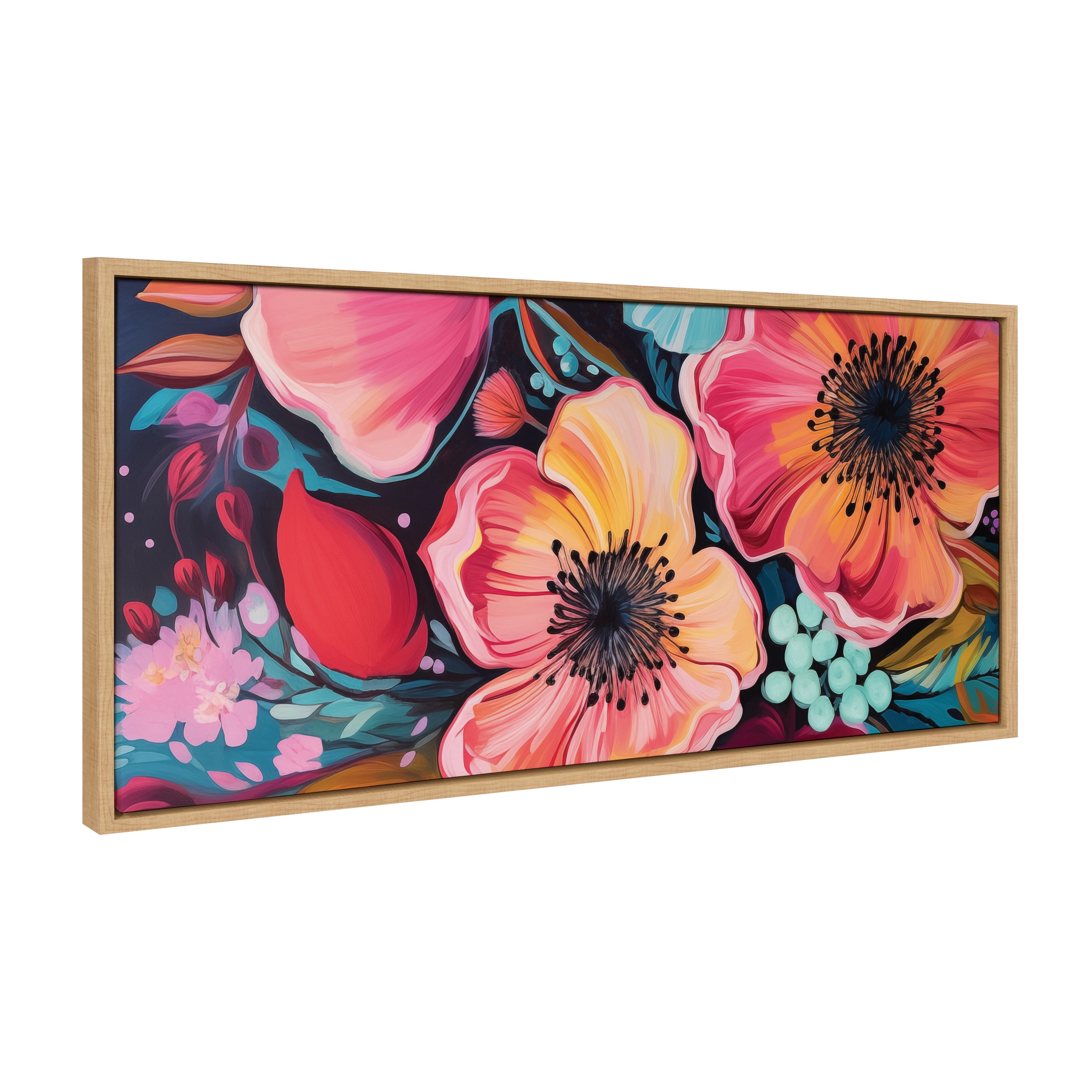 Colorful Floral Group Framed Canvas Wall Art, 18" x 40", Natural Wood Frame