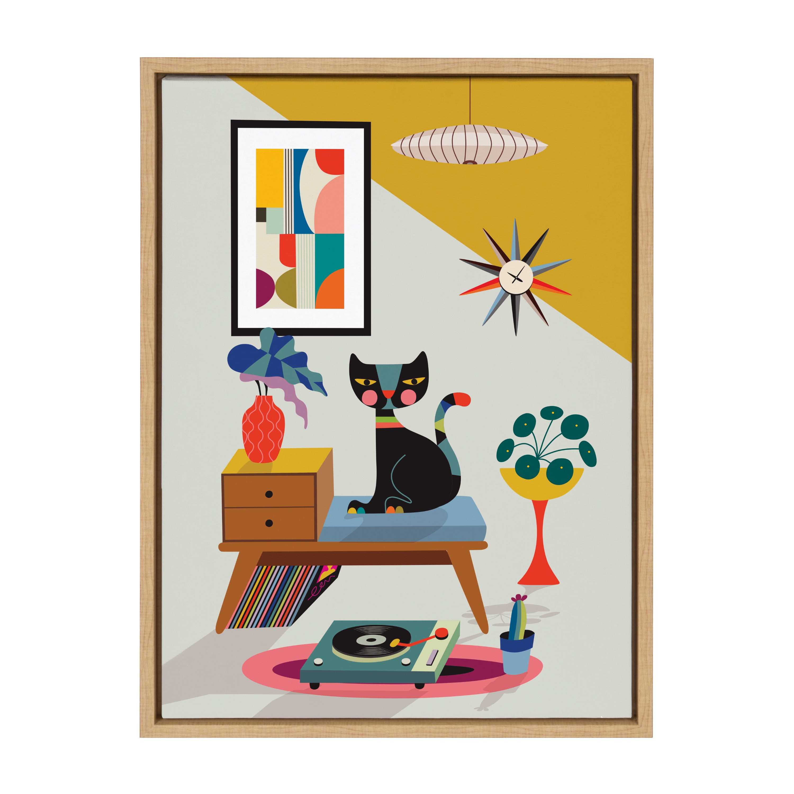 Colorful Boho Record Player Canvas Art Print with Natural Frame