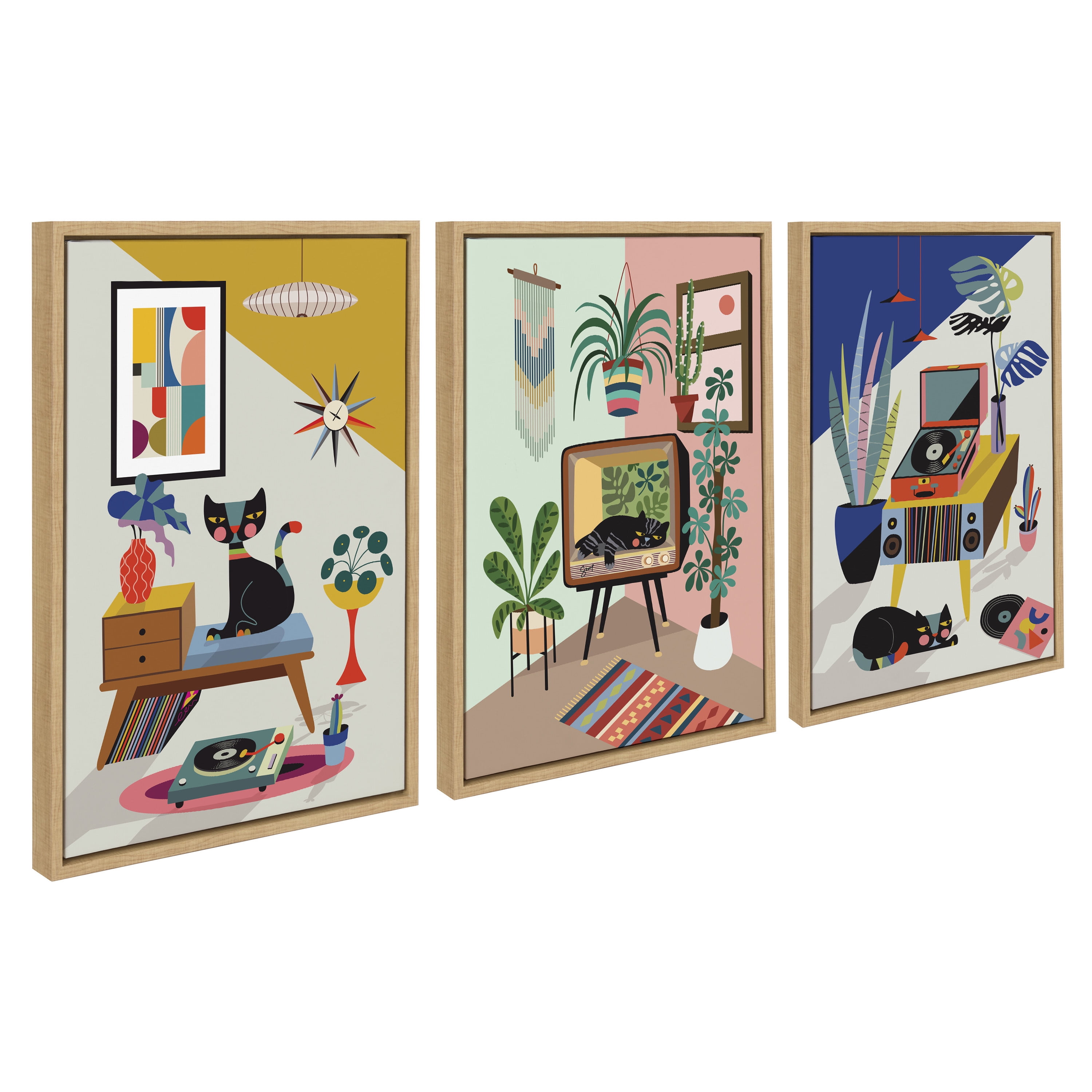 Natural Mid-Century Modern Cat Print Canvas Wall Art Set