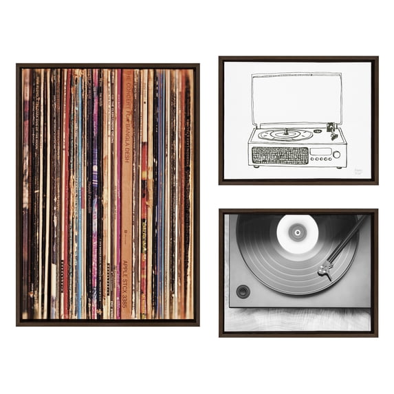 Kate and Laurel Sylvie Records 33RPM, Victrola Record Player and Vinyl Vibes Framed Canvas Wall Art Set by Various Artists, Set of 3, Brown Frames, Vinyl Record Art Set for Wall