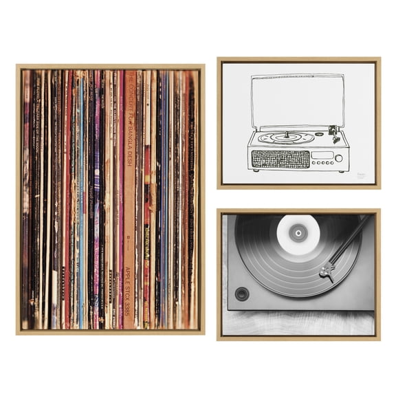 Kate and Laurel Sylvie Records 33RPM, Victrola Record Player and Vinyl Vibes Framed Canvas Wall Art Set by Various Artists, Set of 3, Natural Frames, Vinyl Record Art Set for Wall