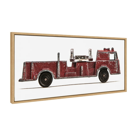 Kate and Laurel Sylvie Red Vintage Toy Fire Engine Framed Canvas Wall Art by Saint and Sailor Studios, 18x40 Natural, Modern Colorful Car Toys Art for Wall