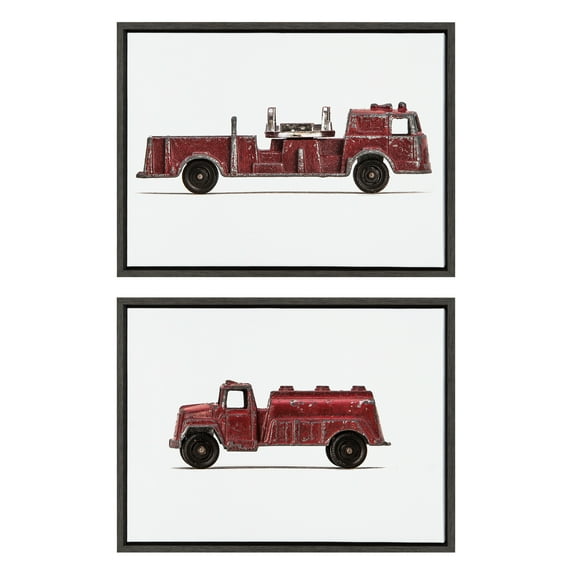 Kate and Laurel Sylvie Red Vintage Toy Fire Engine and Red Vintage Toy Water Truck Framed Canvas Wall Art Set by Saint and Sailor Studios, 2 Piece 18x24 Dark Gray, Retro Kid Vehicle Art for Wall