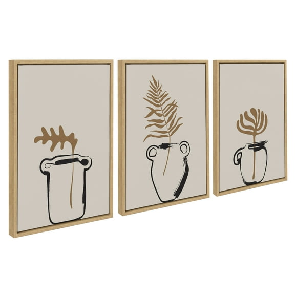 Kate and Laurel Sylvie Relaxed Retro Illustrated Botanical Vase Framed Canvas Wall Art Set by The Creative Bunch Studio, 3 Piece Set Natural, Scandi Plant Vase Art for Wall