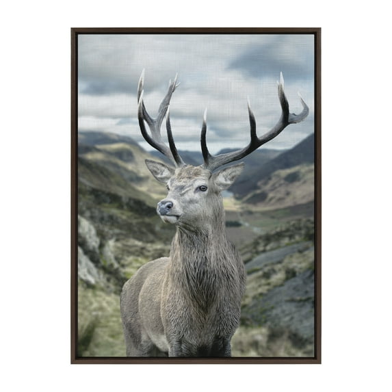 Kate and Laurel Sylvie Rosebud Deer Portrait with Linen Texture Framed Canvas Wall Art by The Creative Bunch Studio, 28x38 Brown, Decorative Forest Animal Art for Wall