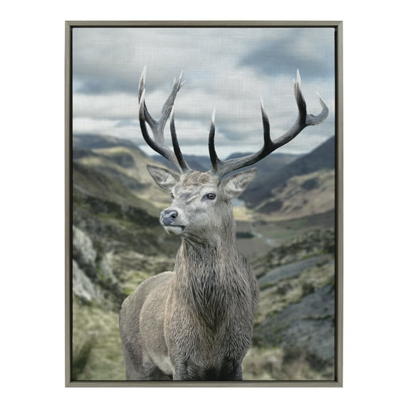 Kate and Laurel Sylvie Rosebud Deer Portrait with Linen Texture Framed Canvas Wall Art by The Creative Bunch Studio, 28x38 Gray, Decorative Forest Animal Art for Wall