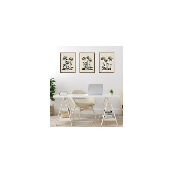 Kate and Laurel Sylvie Simple Modern Linocut Neutral Lotus Flowers Framed Canvas Wall Art Set by The Creative Bunch Studio, 3 Piece Set Beaded Gold, Black-and-White Floral Art for Wall